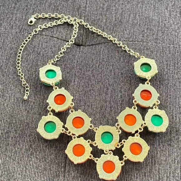 Bold Teal and Orange Statement Bib Necklace 20in Hexagonal Geometric Beads - Picture 8 of 12